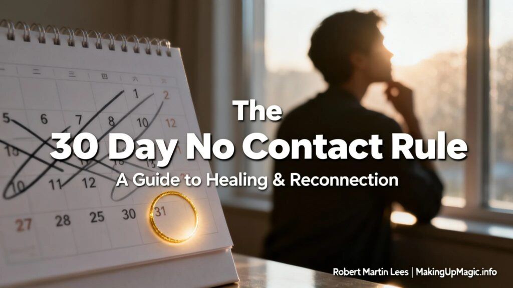 A social share image showing a calendar with 30 days crossed out, symbolizing the 30 day no contact rule. The background shows a person reflecting by a window. The headline reads 'The 30 Day No Contact Rule: A Guide to Healing & Reconnection'