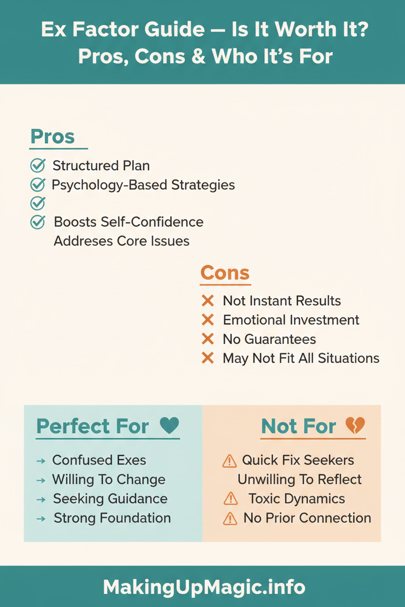 Ex Factor Guide pros cons and who it's for — infographic by Robert Martin Lees at MakingUpMagic.info