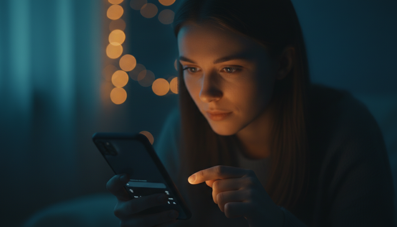 Person sitting alone at night staring at phone screen deciding what to text their ex after no contact