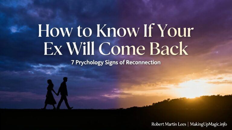 Cinematic social share image showing silhouettes of a couple walking apart against a dramatic sky transitioning from cool dusk blues to warm golden sunrise, symbolizing separation to potential reunion. Bold headline reads 'How to Know If Your Ex Will Come Back' with subheading '7 Psychology Signs of Reconnection'.