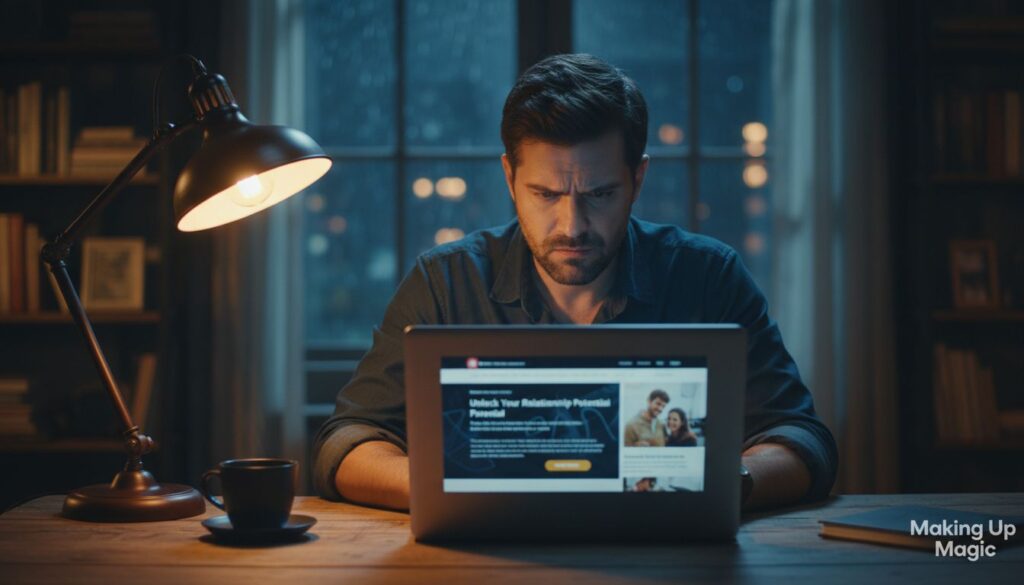 A man researching whether The Ex Factor Guide is a scam on his laptop late at night