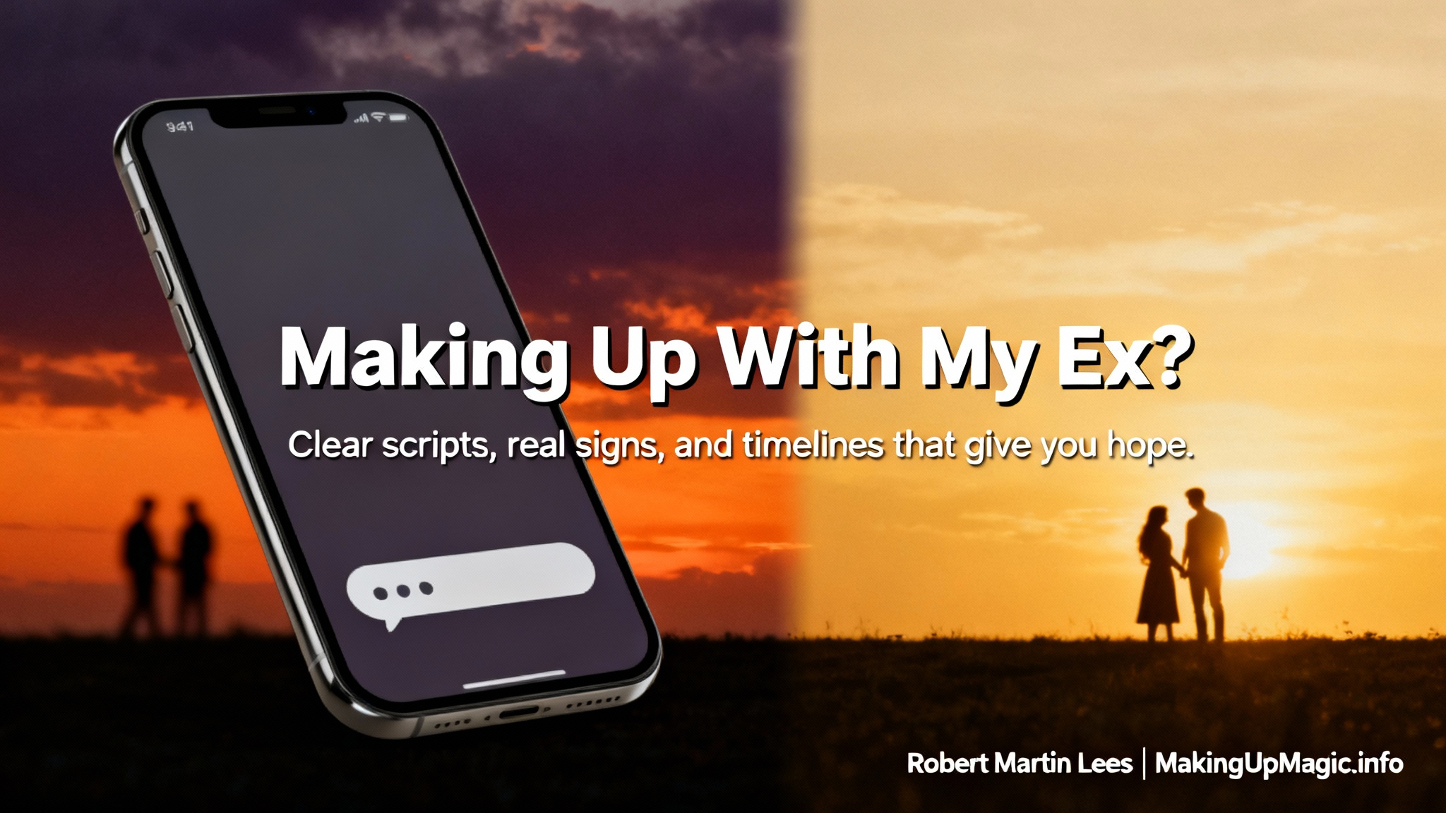 A realistic image showing a smartphone with an unsent text message, symbolizing the dilemma of reaching out to an ex. The background transitions from a dark, moody sunset to a hopeful golden glow, with faint silhouettes of a separated couple. The text overlay asks "Making Up With My Ex?" and promises "Clear scripts, real signs, and timelines that give you hope.