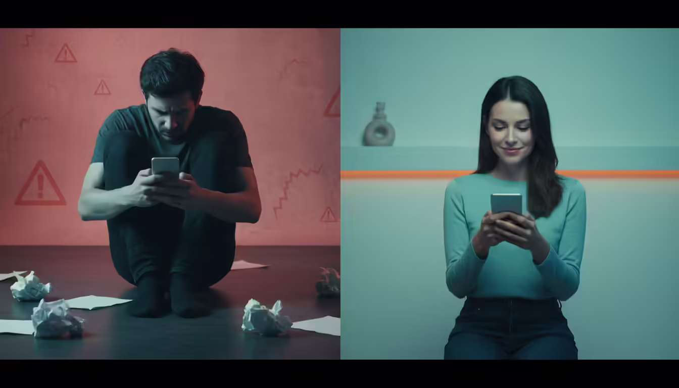 Wrong vs Right First Text After No Contact — Making Up Magic Split image showing the wrong desperate text vs the right calm confident first text after no contact