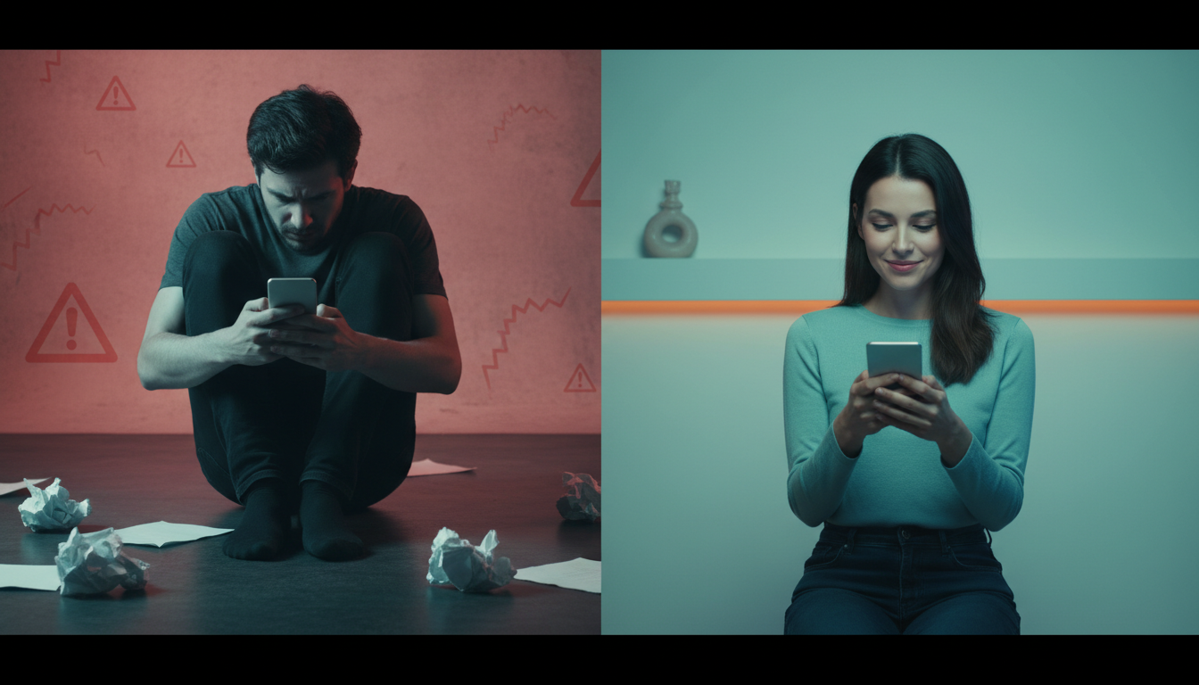 Split image showing the wrong desperate text vs the right calm confident first text after no contact