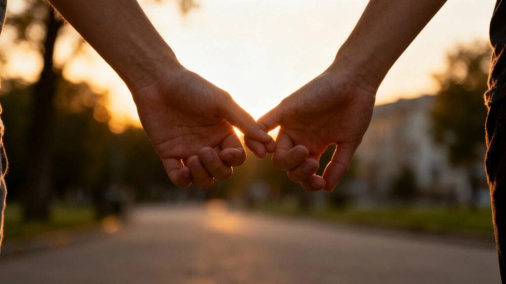 Two hands gently letting go, symbolizing a sad but amicable breakup filled with regret.