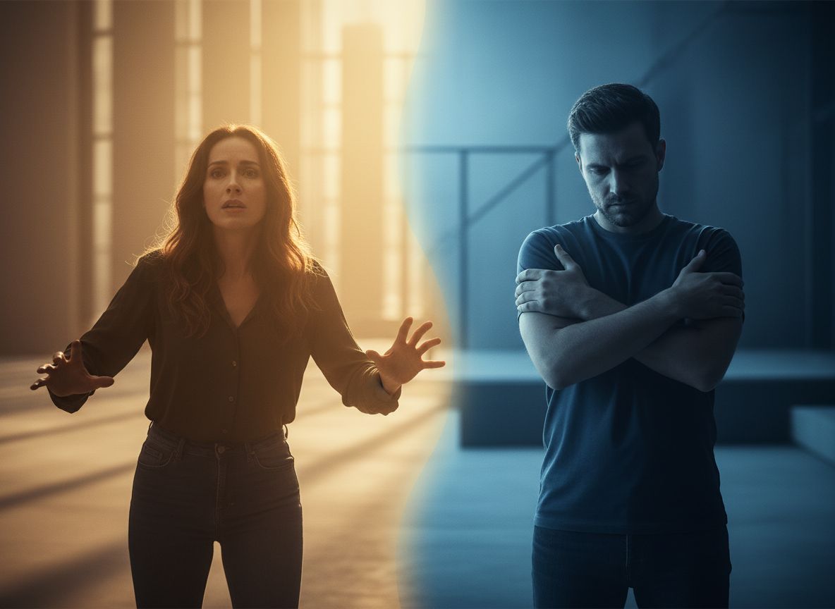 Anxious vs Avoidant: The Psychology of the Push-Pull Cycle Split image showing anxious pursuit vs avoidant retreat — the psychology of the push-pull cycle