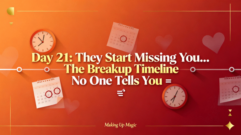 Social media graphic illustrating a breakup timeline with clocks and calendar elements, featuring the text "Day 21: They Start Missing You... The Breakup Timeline No One Tells You ⏳", explaining when an ex might start missing you.