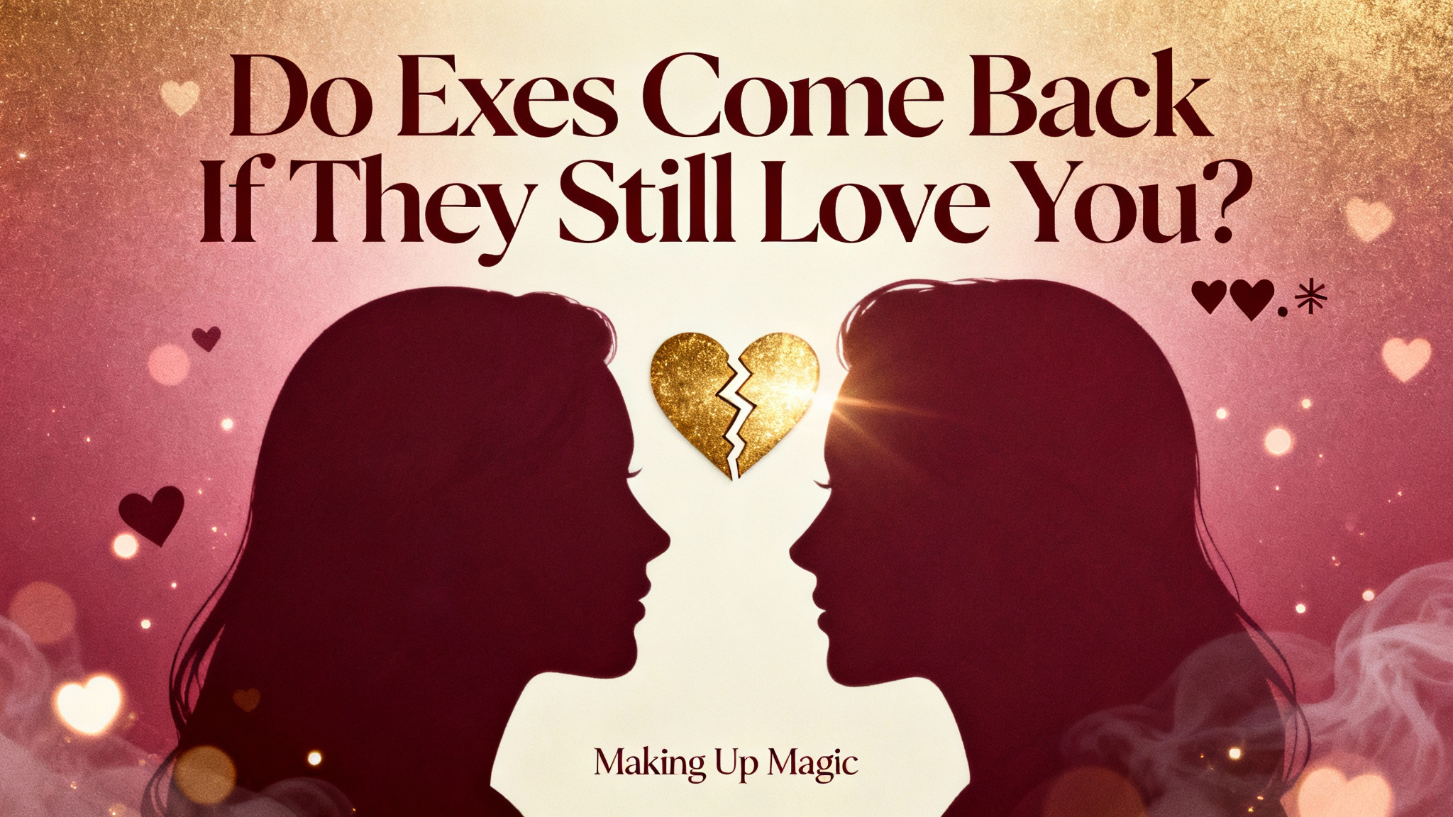 Social media graphic asking "Do Exes Come Back If They Still Love You?" with romantic rose gold design featuring two silhouettes and a mended heart symbol.