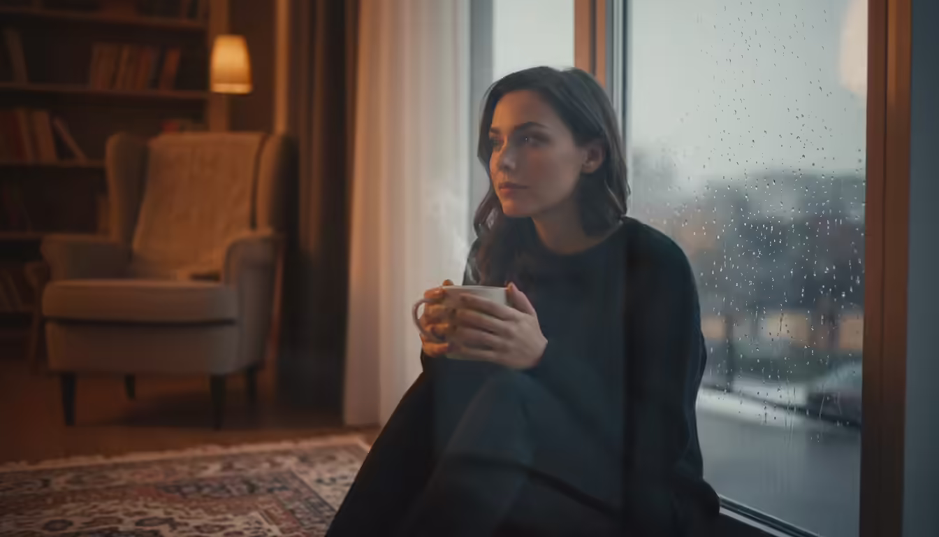 Person sitting by a rain-streaked window reflecting on feelings after a breakup