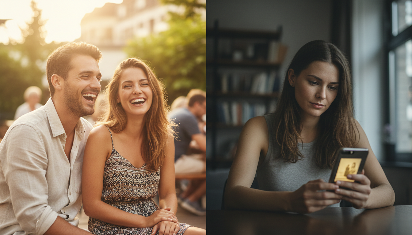 Split image showing a happy memory contrasted with present grief — the emotional stages of a breakup