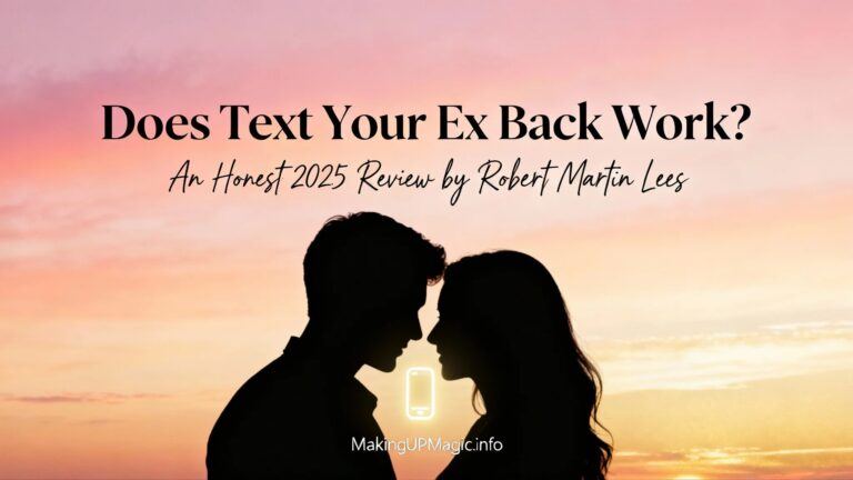 Does Text Your Ex Back Work? Warm romantic featured image with a sunset gradient, silhouette of a couple reuniting, and a glowing phone icon symbolizing texting. Branded with MakingUpMagic.info, Honest 2025 Review by Robert Martin Lees