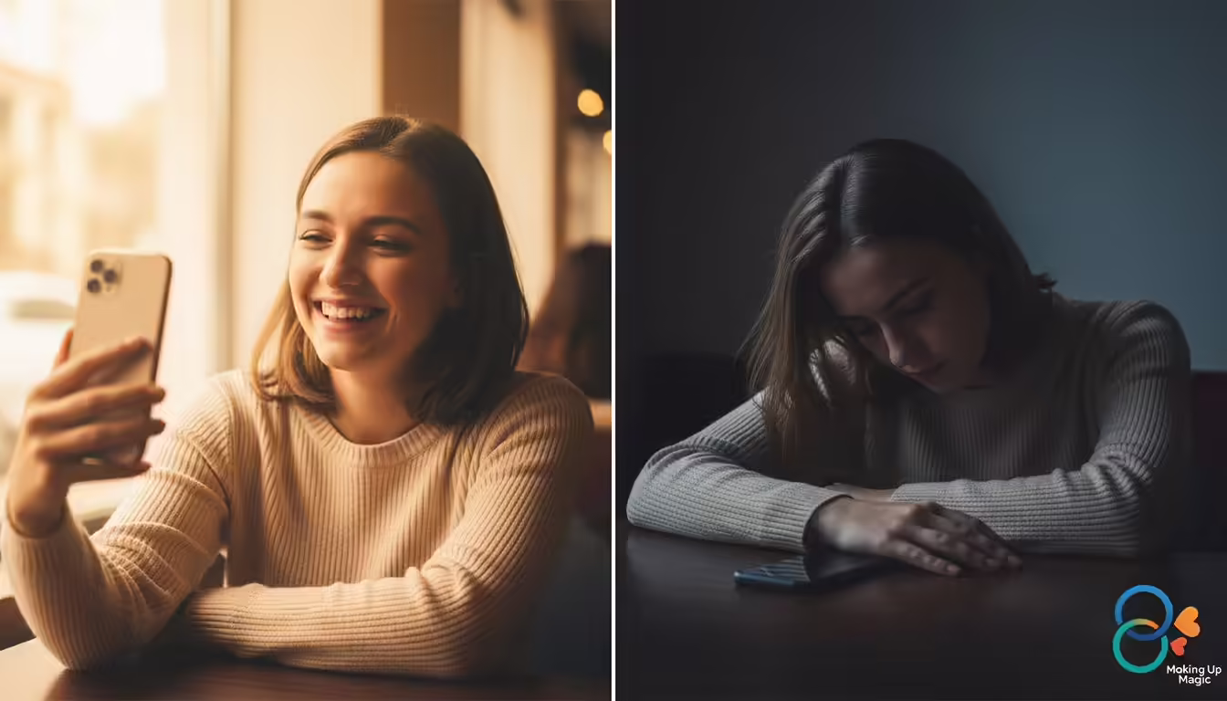 Dumper's Remorse Psychology — The Performance vs The Reality — makingupmagic.info Split image showing an ex performing happiness on social media versus their private misery — dumper's remorse psychology explained