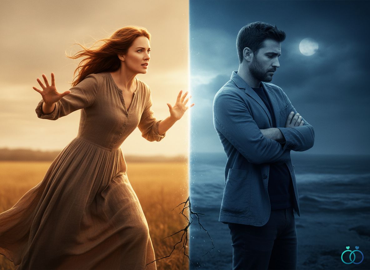 Split image showing the emotional push-pull dynamic behind the biggest ex back mistakes — one person reaching out, the other pulling away