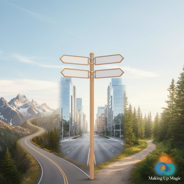 A signpost at a crossroads with three different paths, symbolizing the choice between different ex back strategies and alternatives to The Ex Factor guide.