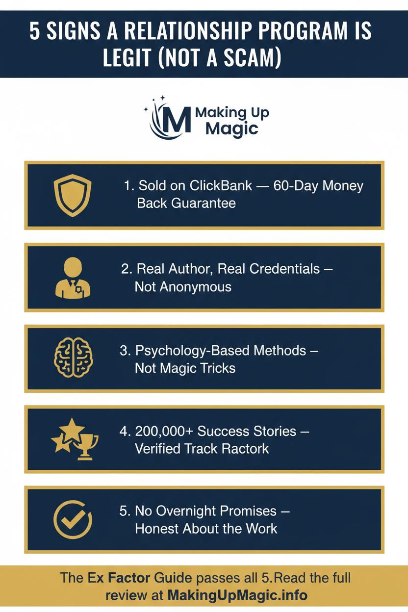 Pinterest infographic showing 5 signs The Ex Factor Guide is a legitimate relationship program and not a scam