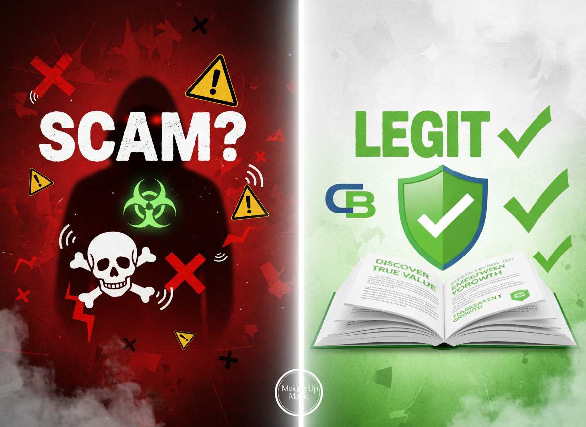 Split image showing scam warning signs on the left versus legitimate trust signals on the right for The Ex Factor Guide review