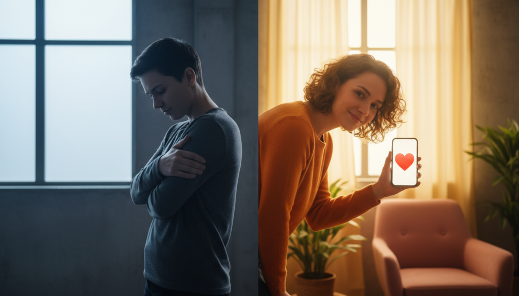 Visual showing the contrast between an ex hiding their feelings and the subtle signals that reveal they still care