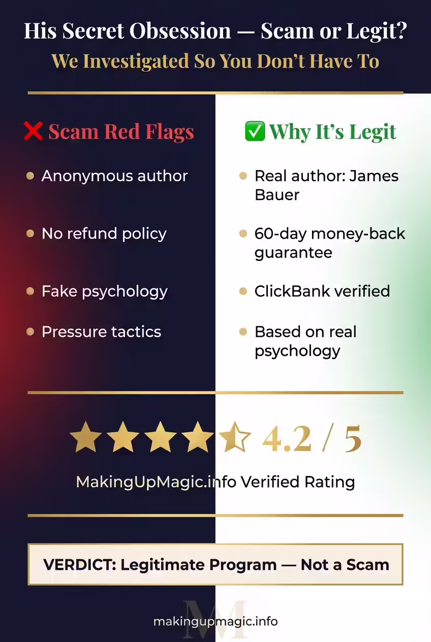 His Secret Obsession scam or legit — side-by-side comparison of red flags vs verified legitimacy — MakingUpMagic.info