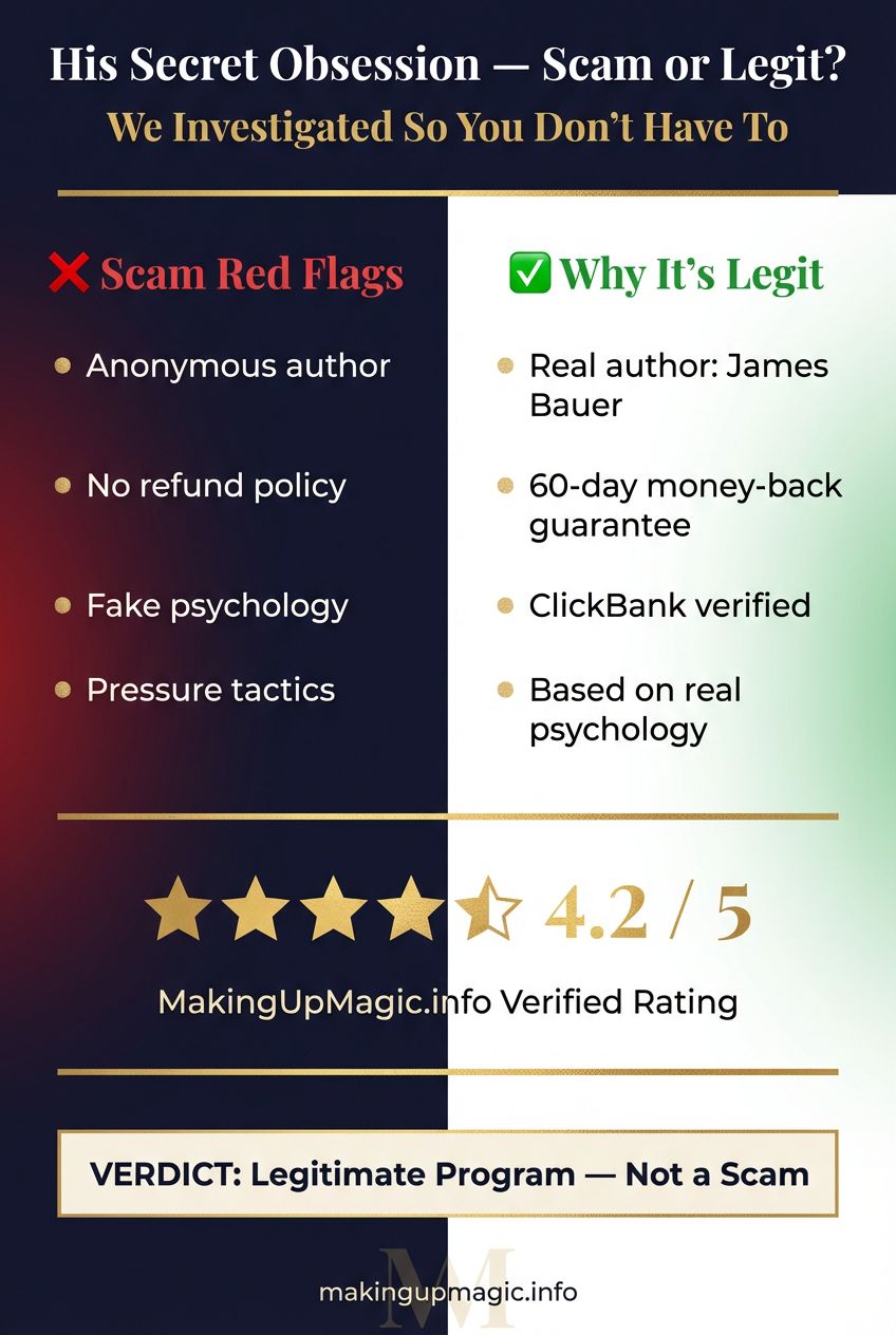 His Secret Obsession scam or legit — side-by-side comparison of red flags vs verified legitimacy — MakingUpMagic.info