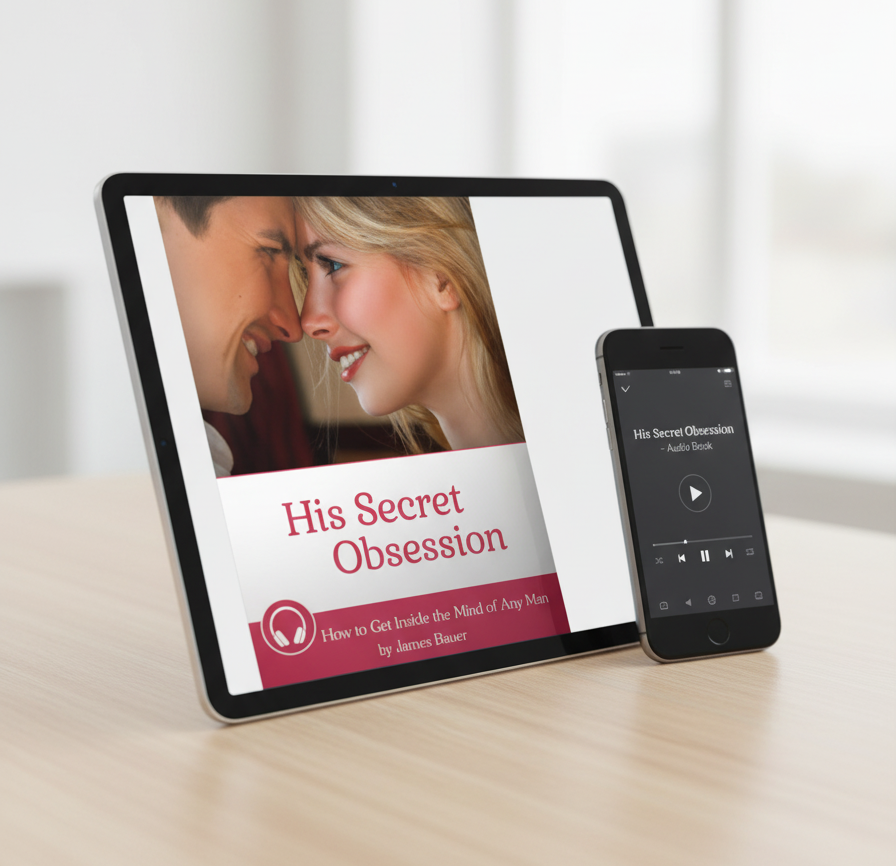 A product mockup of the His Secret Obsession program, showing the digital book and audio course designed to teach women about the Hero Instinct.