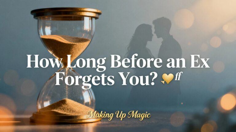 Social media graphic with hourglass and fading couple silhouettes, asking "How Long Before an Ex Forgets You? 🕰💔", for breakup memory and timeline content.