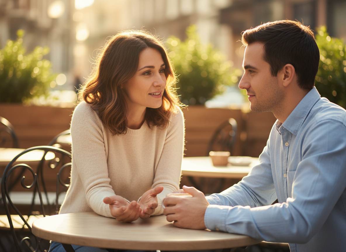 Two people having an honest, open conversation at a cafe — a sincere apology to an ex