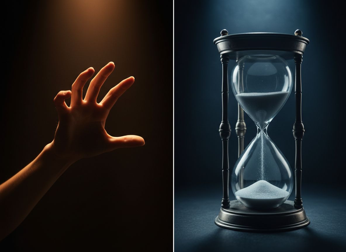 Split image of a reaching hand and hourglass — the fear that time has run out to get your ex back
