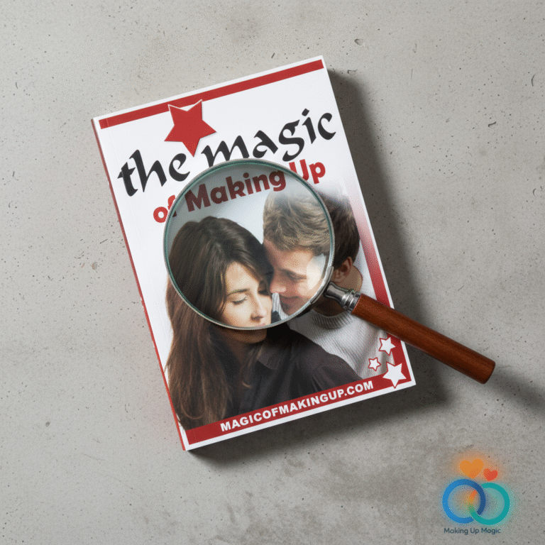 A magnifying glass closely examining the cover of The Magic of Making Up e-book, symbolizing a brutally honest review to determine if the program works