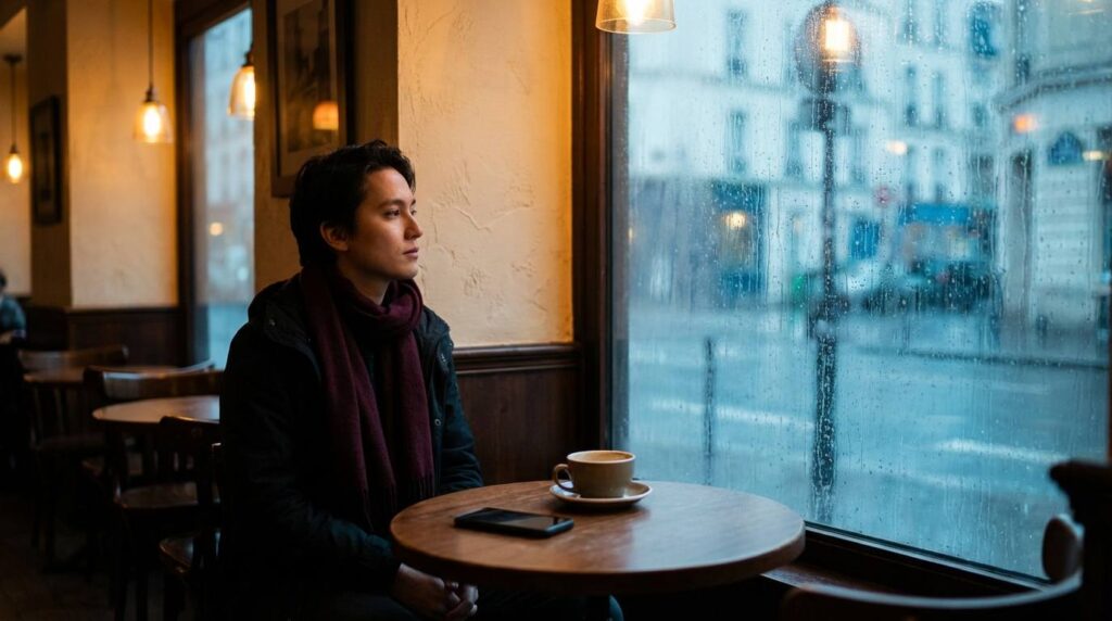 Person sitting alone at a cafe staring out a rain-streaked window — signs your ex is testing you after a breakup