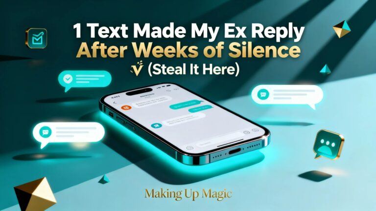 Social media graphic featuring a smartphone with message bubbles and the text "1 Text Made My Ex Reply After Weeks of Silence 💬 (Steal It Here)", promoting effective texting strategies for exes