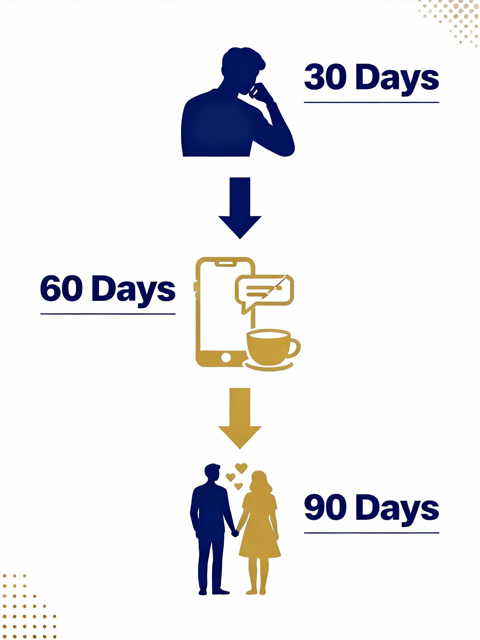 Infographic showing Text Your Ex Back program timeline with 30-day no contact phase, 60-day reconnection phase, and 90-day reconciliation phase
