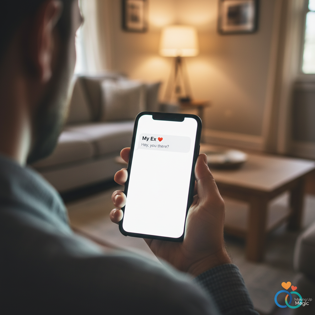 A person looking shocked at their phone which shows a text from their ex, illustrating what to do if an ex contacts you during no contact.