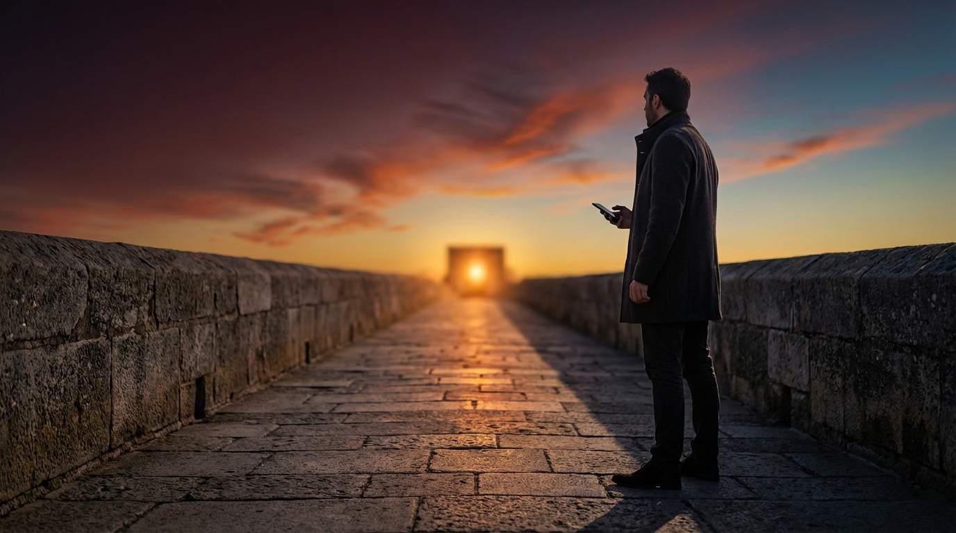 Man standing alone on a stone bridge at golden hour holding his phone — the psychology of calling vs texting your ex after a breakup