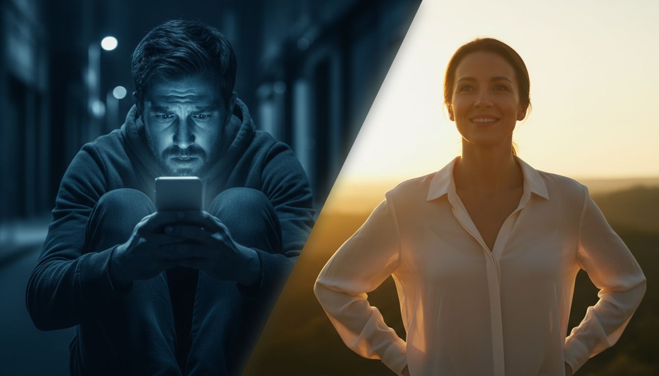 Dumper vs Dumpee Psychology Timeline — Making Up Magic Split image showing the psychological shift from desperate phone-checking to confident growth — the two timelines after a breakup