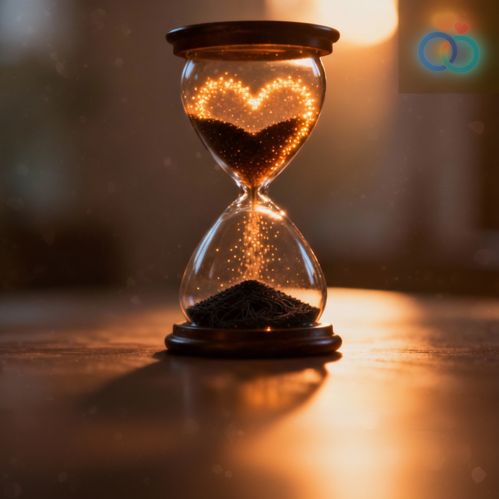 An hourglass symbolizing the timeline it takes to get an ex back, with chaotic sand transforming into a healed heart.