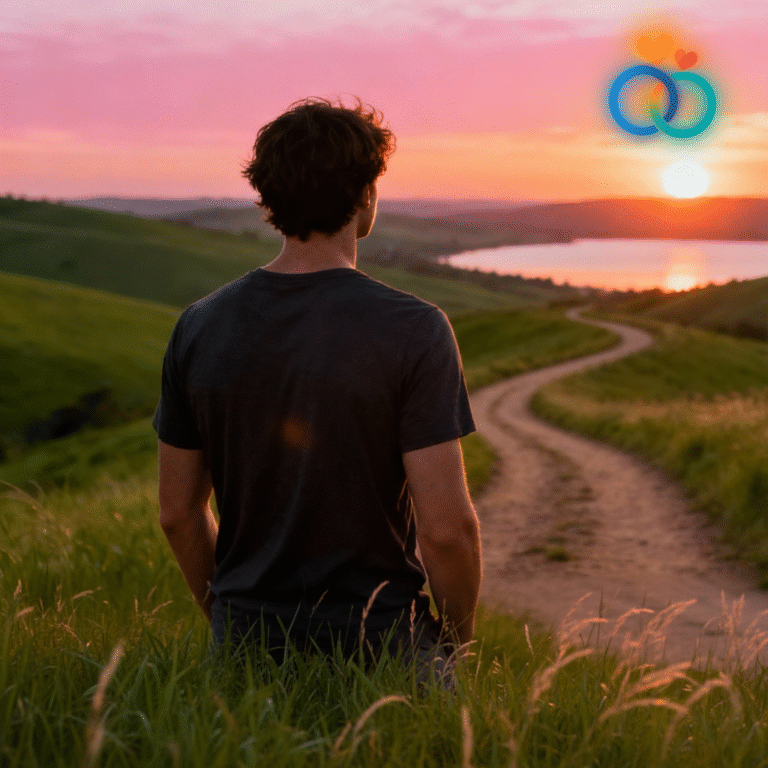 A person starting their journey of self-improvement after a breakup, walking on a road towards a hopeful sunrise.