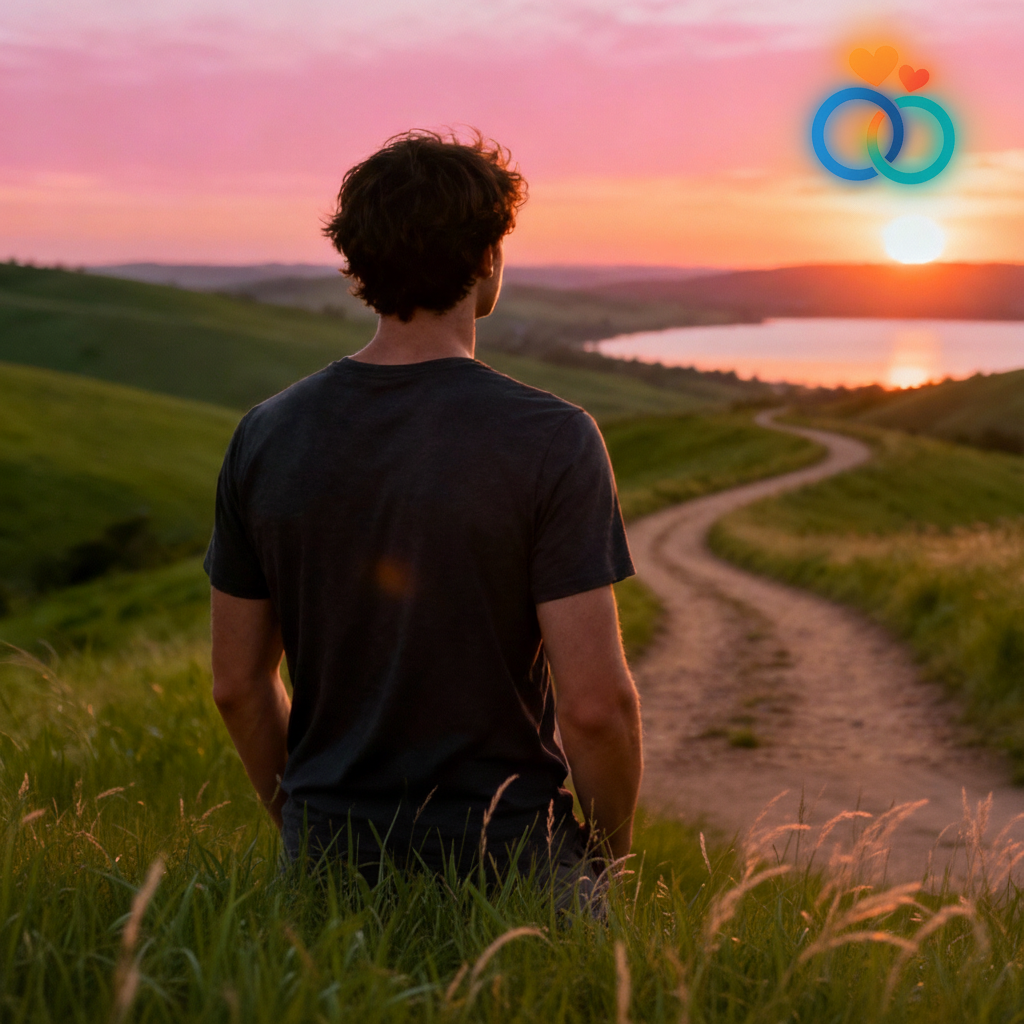 A person starting their journey of self-improvement after a breakup, walking on a road towards a hopeful sunrise.