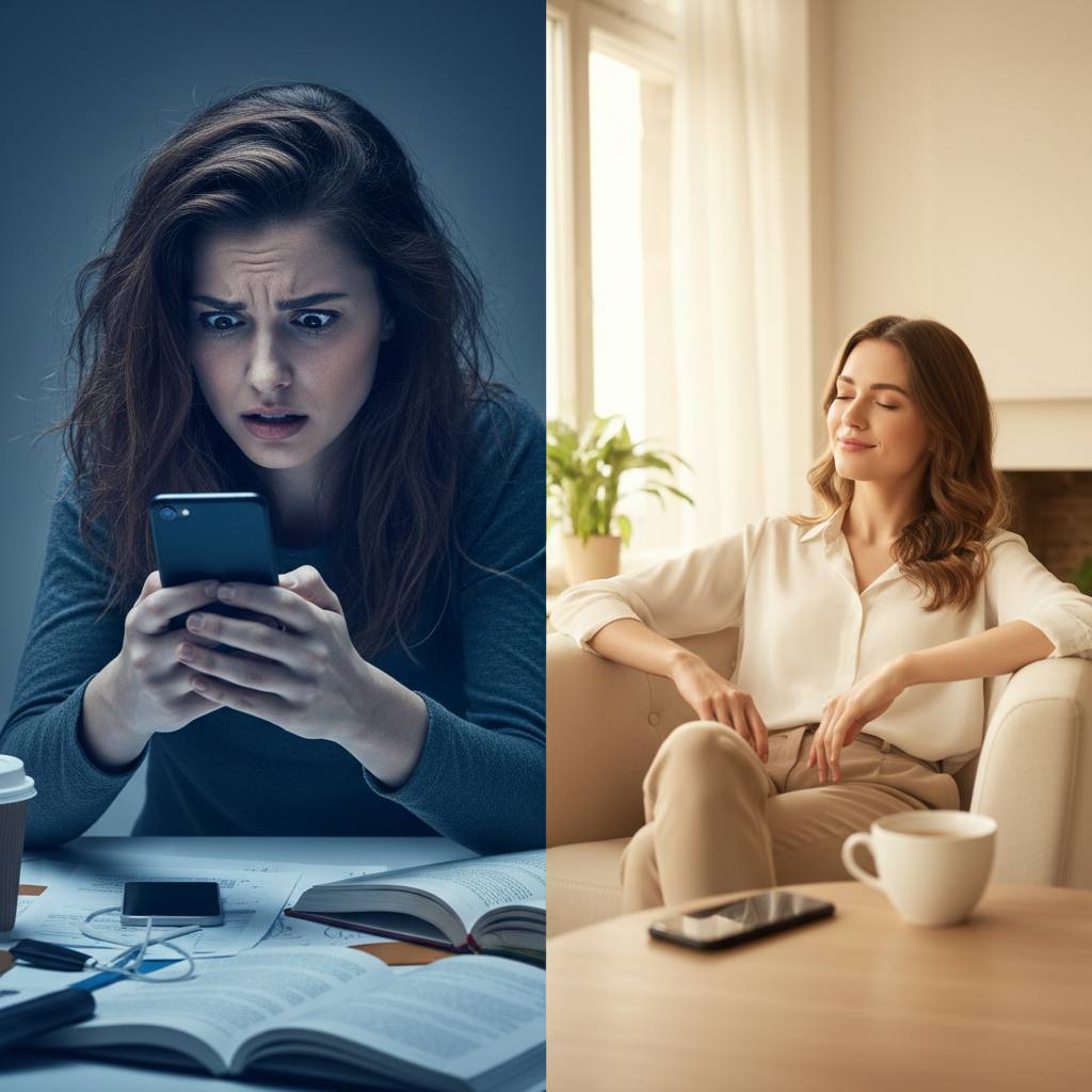 Split image: left side shows a person frantically typing a reply to their ex in panic — right side shows the same person calm and composed, phone face down — how to respond when your ex contacts you