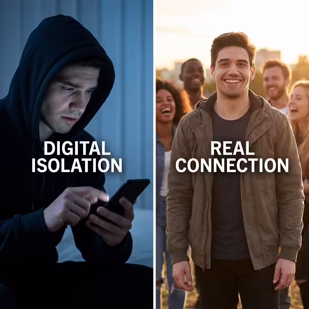 Split image showing the wrong approach — anxiously scrolling social media after a breakup — versus the right approach — confident, thriving, and magnetic after personal transformation