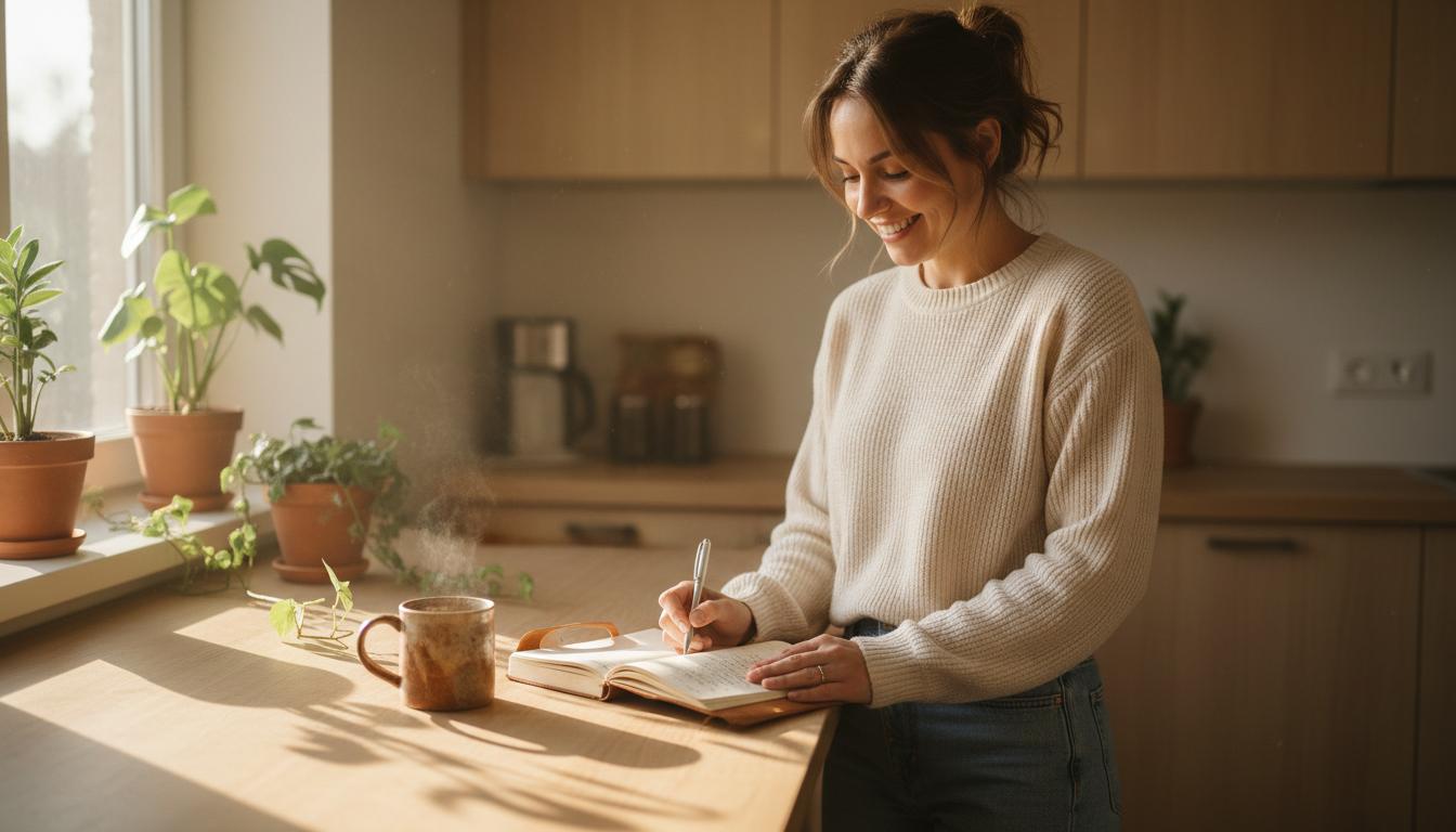Woman journaling in morning light — rebuilding confidence and self-care routine after a breakup