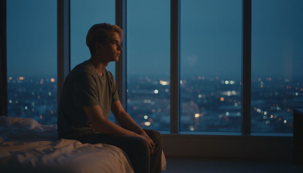 Person sitting alone at 2am staring out window — the moment before self-improvement after a breakup begins