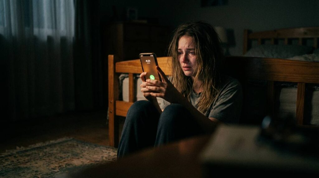 Woman sitting alone on bedroom floor at night, phone screen glowing on her face as she hovers over the call button — should I call my ex after a breakup