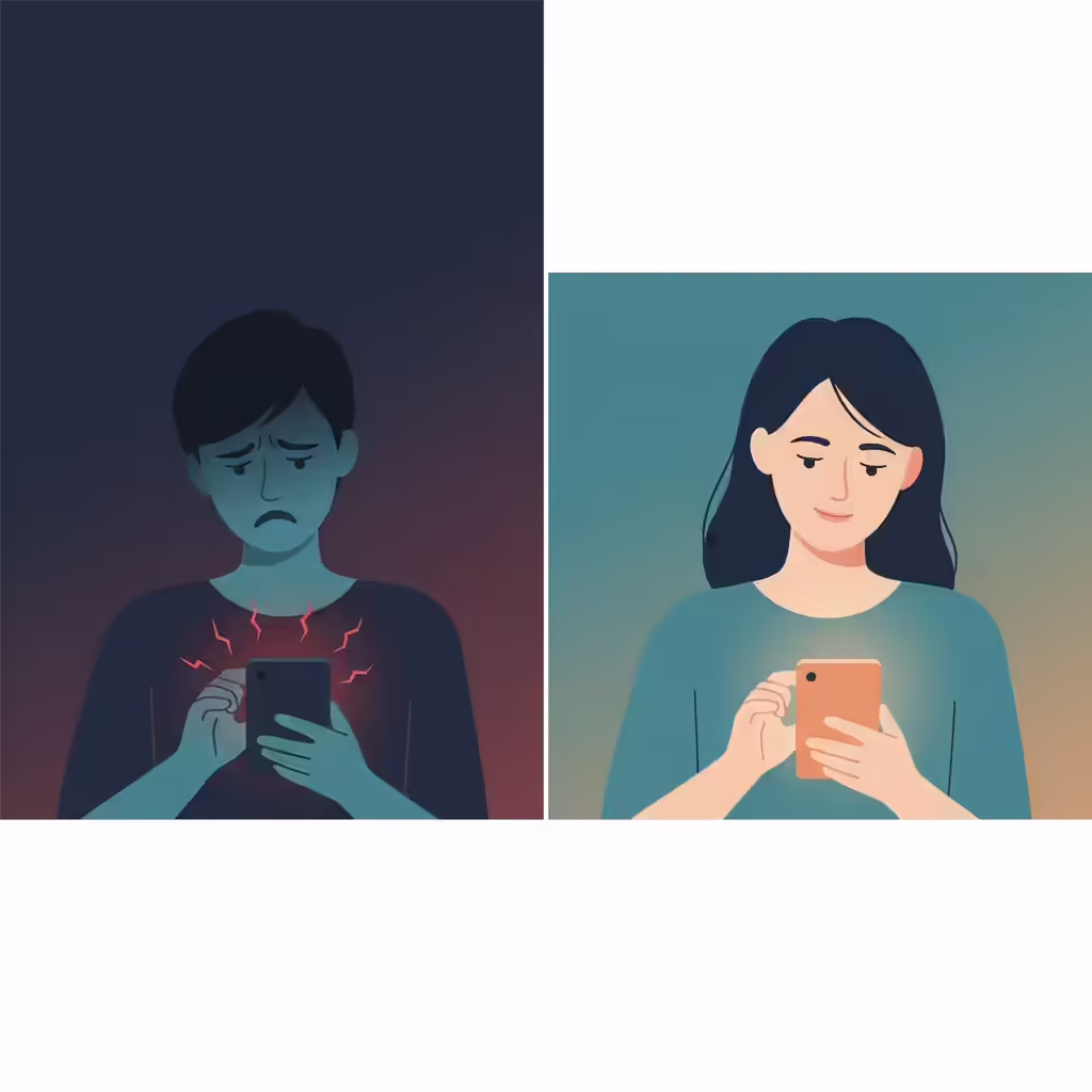 Split image showing the wrong emotional state for texting an ex — desperate and panicked — versus the right state — calm, confident, and grounded
