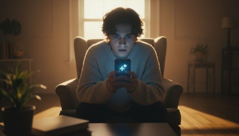 Person sitting alone holding phone, staring at a message notification from their ex, golden hour light streaming through window — what to do when your ex reaches out