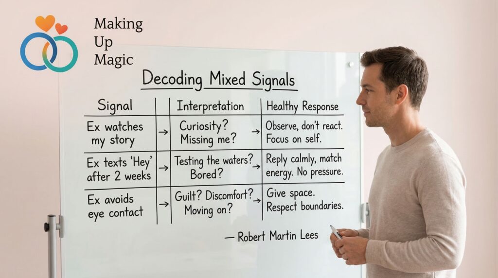 A wide banner image featuring Robert Martin Lees standing next to a glass whiteboard. The whiteboard displays a detailed table titled 'Decoding Mixed Signals' with columns for 'Signal', 'Interpretation', and 'Healthy Response'. Specific examples like 'Ex watches my story' and 'Ex texts Hey' are listed with corresponding advice. The 'Making Up Magic' logo is in the top left.