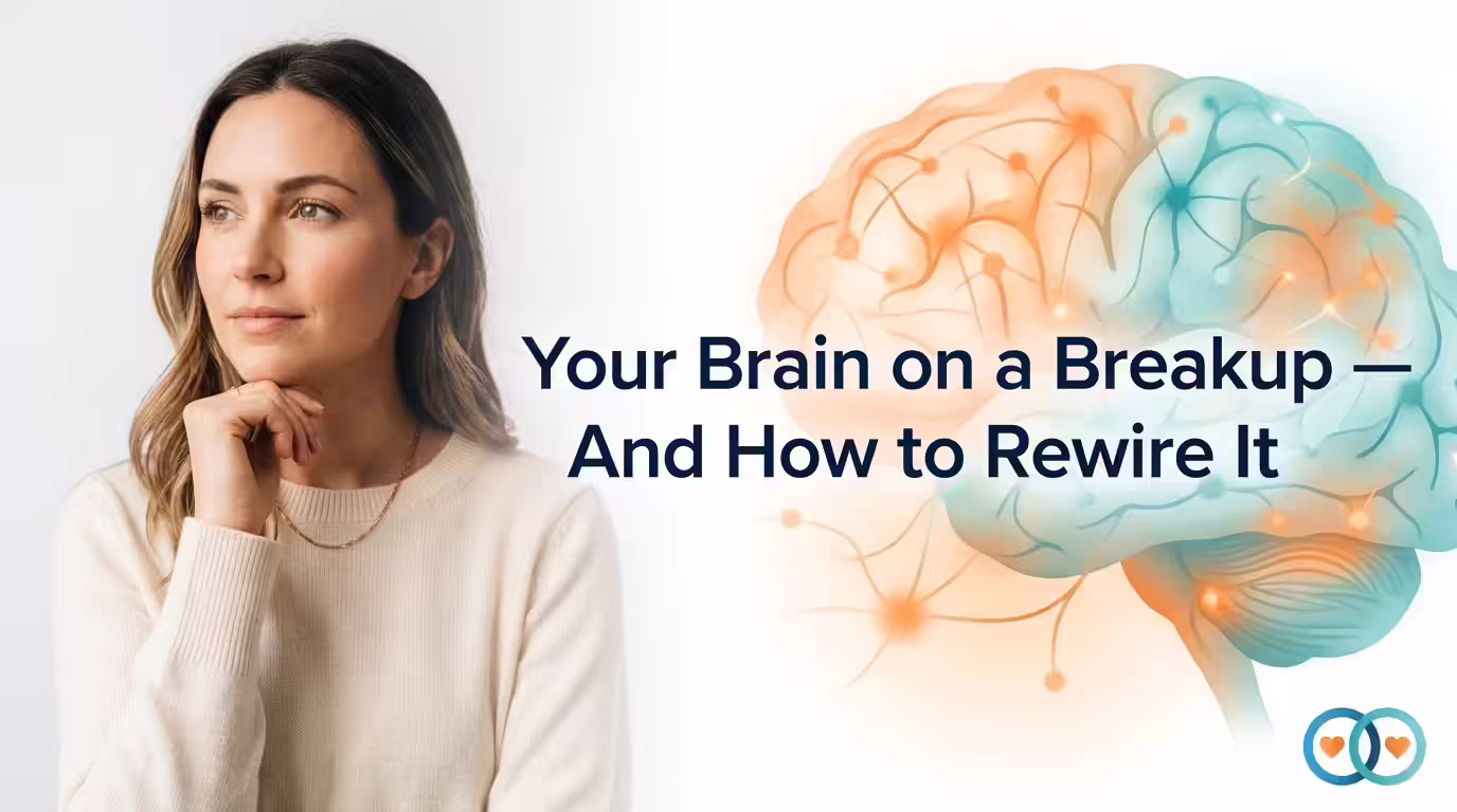 Your Brain on a Breakup — Making Up Magic Split image showing a reflective woman alongside abstract neural network imagery in teal and orange, representing how the brain processes a breakup and the journey to emotional rewiring after a relationship ends