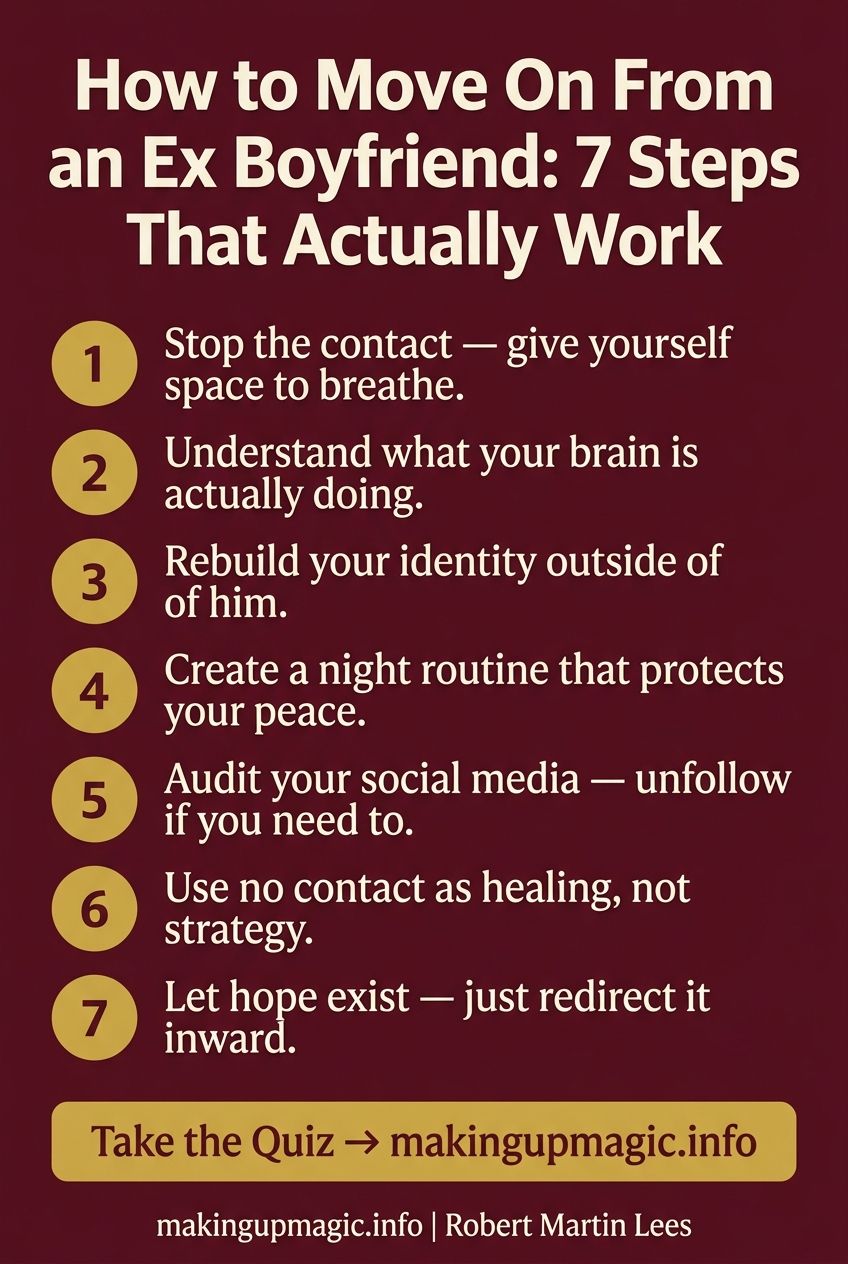 Vertical infographic titled 'How to Move On From an Ex Boyfriend: 7 Steps That Actually Work' listing seven actionable healing steps including stopping contact, rebuilding identity, and redirecting hope — by Robert Martin Lees at makingupmagic.info.