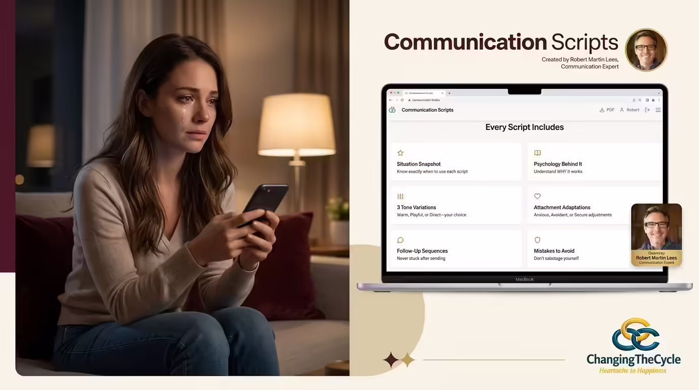 Woman hesitating before texting her ex, representing the emotional weight of finding the right words — Communication Scripts by Robert Martin Lees at Making Up Magic