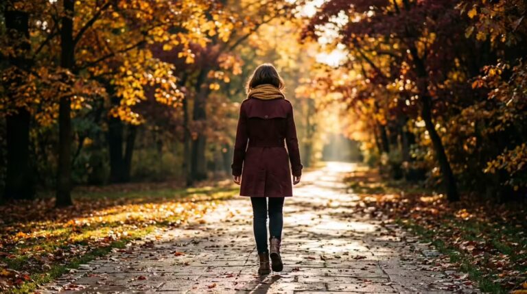 A young woman walks alone down a sunlit autumn path, moving forward with quiet hope — illustrating the emotional journey of learning how to move on from an ex boyfriend