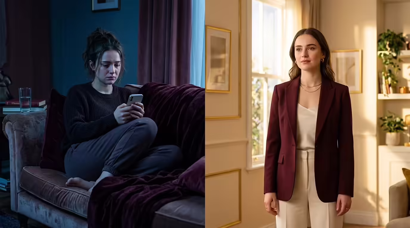 Split image showing two emotional states: a woman frozen in grief holding her phone in blue light on the left, and the same woman standing tall and calm in warm golden light on the right — representing the psychological shift from heartbreak to healing after a breakup.